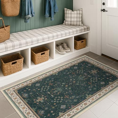 Dark Green Oushak 3x5 Large Entryway Rug - Modern Vintage Boho Eclectic Floral Pastel, Washable Low Pile Non-Slip Area Rugs for Door Mat Indoor Entrance, Kitchen, Bedroom Beside Bed, Laundry