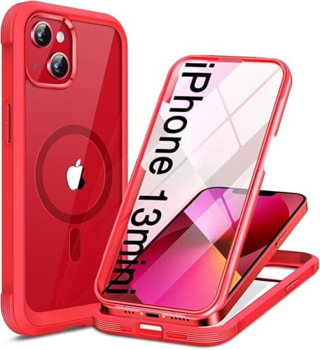 Miracase Magnetic Case for iPhone 13 Mini 5.4 Inch,with MagSafe,Built in Screen Protector,Full Body Protection(Red)