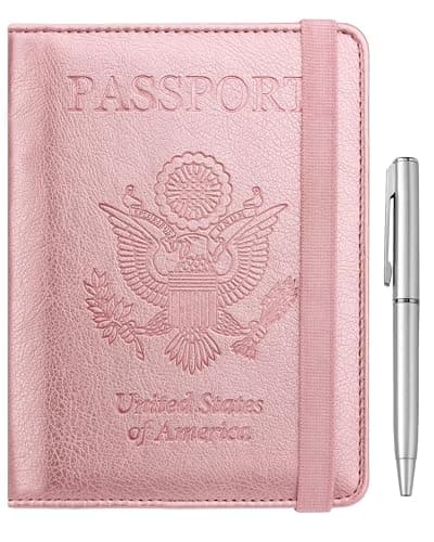WALNEW Passport Holder for Travel, RFID Passport Cover Wallet for Women Men, PU Leather Passport Book Card Holder Case with Pen (Elastic Band Closure, A-Rosegold)