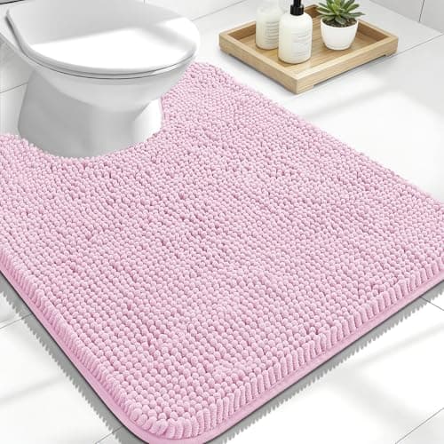 OLANLY Toilet Rugs U-Shaped 24x20, Extra Soft Absorbent Chenille Contour Bathroom Rugs for Toilet, Dry Quickly, Machine Washable, Non-Slip Bath Mat, Pink