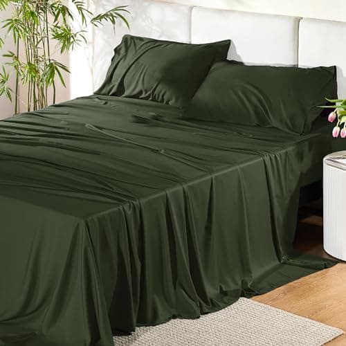 Bedsure California King Sheet Sets, Cooling Sheets, Rayon Derived from Bamboo, PureWoven, Breathable & Soft, Deep Pocket Up to 16 Inches, Hotel Luxury Silky Bedding for Hot Sleepers, Olive Green