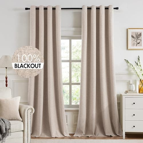 MIULEE 100% Blackout Linen Textured Curtains for Bedroom Solid Thermal Insulated Natural Beige Grommet Room Darkening Curtains & Drapes Luxury Decor for Living Room Nursery 52 x 132 Inch (2 Panels)