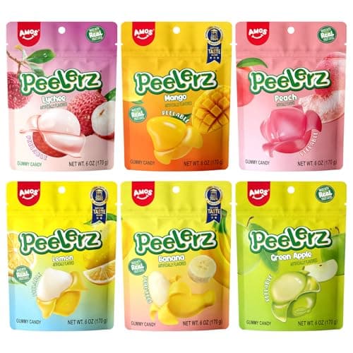 AMOS Peelerz Gummy Candy Variety Pack-6 Fruit Flavors (Mango, Banana, Lychee, Peach, Green Apple, Lemon),Soft & Chewy Fruit Snacks with Real Juice,Fun Peelable Candy for Kids & Adults,6 Bags