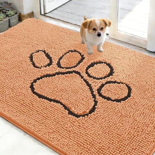 OLANLY Dog Door Mat for Muddy Paws 48x30, Paw Print Design, Absorbs Moisture and Dirt, Absorbent Non-Slip Washable Doormat, Quick Dry Chenille Mud Mat for Dogs, Entry Indoor Entryway Carpet, Orange
