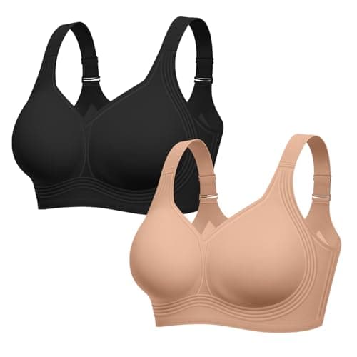 LetsJoli Bras for Women Supportive Wireless Push Up Bra Full Coverage No Underwear Seamless Plus Size for Older Women(Black+ Sand,2PCS,S)