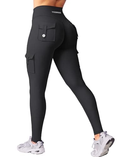 YEOREO CoreFlex Gym Workout Cargo Leggings with Pockets for Women Hidden Scrunch Butt Lifting Yoga Pants Black L