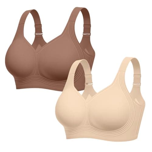 LetsJoli Bras for Women Supportive Wireless Push Up Bra Full Coverage No Underwire Seamless Plus Size for Older Women(Nude+Coffee,2PCS,S)