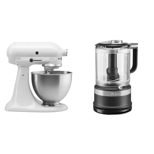 KitchenAid Classic Series 4.5 Quart Tilt-Head Stand Mixer K45SS, White & 5 Cup Food Chopper - KFC0516,Matte Black