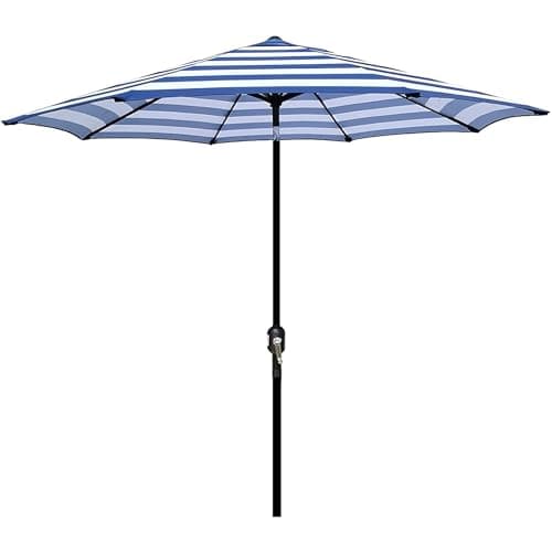 Blissun 9' Outdoor Patio Umbrella, Striped Patio Umbrella, Outdoor Table Umbrella, Market Umbrella with 8 Sturdy Ribs, Push Button Tilt and Crank (Blue & White Stripe)