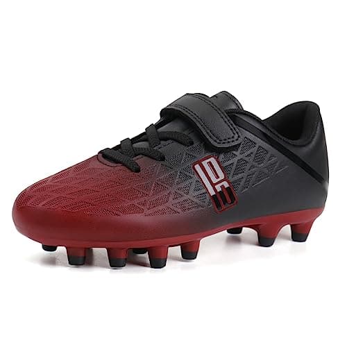 brooman Kids Firm Ground Soccer Cleats Boys Girls Athletic Outdoor Football Shoes (8,Black Red)