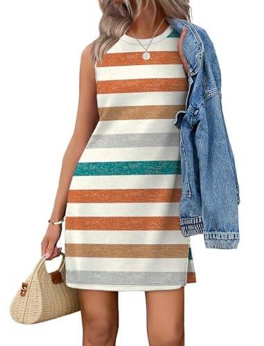 WIHOLL Casual Dresses for Women Crewneck Sleeveless Tunic Dress Trendy Spring Summer Business Work Outfits Fashion Easter Clothing Orange Stripes S