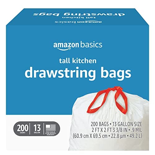Amazon Basics Tall Kitchen Drawstring Trash Bags, Sturdy, 13 Gallon, Unscented, 200 Count