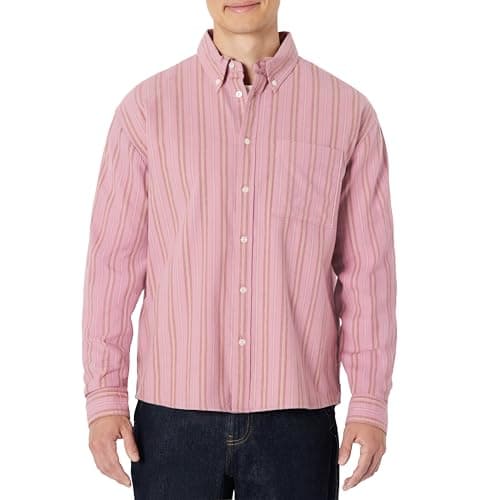 Amazon Essentials Men's Modern Oversized-Fit Cotton Button-Down Shirt, Mauve Dark Chestnut Brown Stripe, X-Large