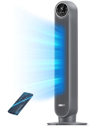 DREO Tower Fan for Bedroom, 25ft/s Velocity Quiet Floor Fan, 90° Oscillating Fans for Indoors with 4 Speeds, 4 Modes, 8H Timer, Bladeless Fan, Standing Fans, Grey, Nomad One (DR-HTF007)