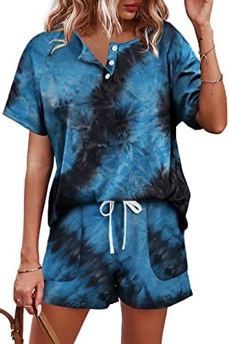 WIHOLL Two Piece Outfits for Women Summer Clothes Drawstring Shorts Set Tie Dye Blue S