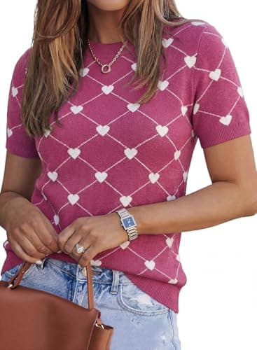Arach&Cloz Womens Wool Blend Valentine's Day Fashion Tops Summer Short Sleeve Sweaters Lightweight Blouses Dressy Casual Clothes Vacation Outfits Spring Crew Neck Shirts 2026 Rose Heart S