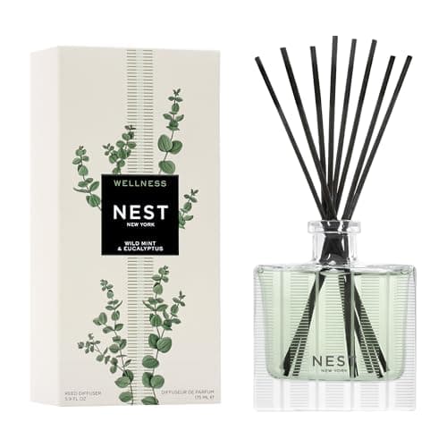 NEST New York Reed Diffuser, Wild Mint & Eucalyptus - 5.9 fl oz - Fragrance for Up to 90 Days - Reusable, Refillable Glass Holder - Includes 8 All-Natural Reed Sticks - Flame Free