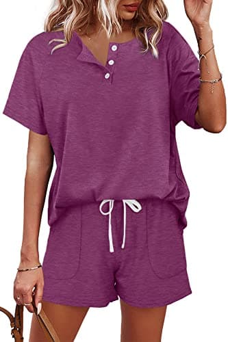 WIHOLL Lounge Sets for Women Pajama Shorts and Top Set V Neck Plum S