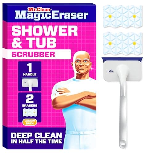 Mr. Clean Magic Eraser Shower & Tub Scrubber, Bathroom Cleaner, All in One Bathroom Cleaner, Lemon Starter Kit, 1 Scrubber & 2 Foaming Magic Erasers