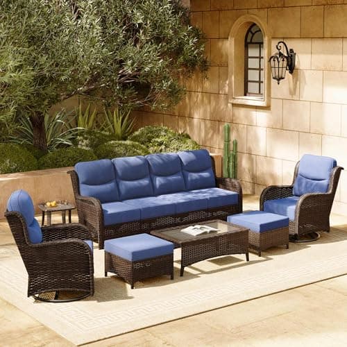 HILLGA 7-Piece Luxury Patio Furniture Set with 6" Thick Cushions, Weather-Resistant Wicker High Back Swivel Rocker Chairs,Senior-Friendly Outdoor 4-Seat Sofa Set for Deck,Yard and Poolside,Blue(V2)
