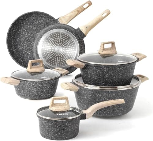 Carote Nonstick Granite Cookware Sets 8 Pcs Stone Cookware Set,non stick frying pan set, pots and pans set (Granite, induction cookware)