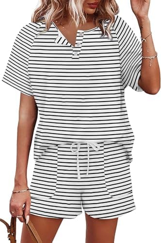 WIHOLL Summer Outfits For Women 2 Piece Matching Sets Button Down Tops And Shorts Set Beach Vacation Travel Clothes Striped White S