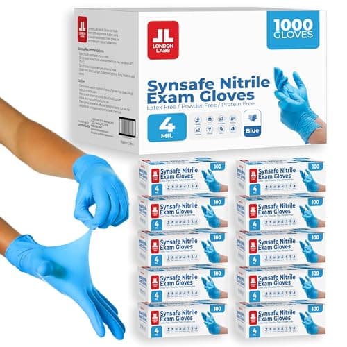 London Labs Synsafe 4 Mil -Blue Nitrile Exam Gloves –Disposable Latex Free & Powder Free – Extra Strong, Rubber Gloves – First Aid Kit, Medical, EMT, Cleaning, Cooking | Bulk Case of (1000 ct)