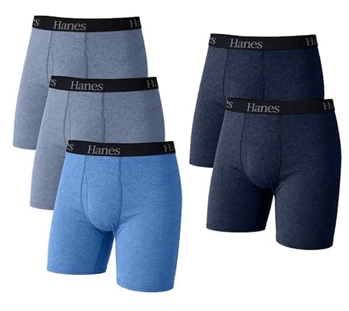 Hanes Men's Underwear Boxer Briefs Pack, Cool & Breathable Cotton Moisture-Wicking Underwear for Men, No Ride Up - Blue/Gray - 5 Pack Medium