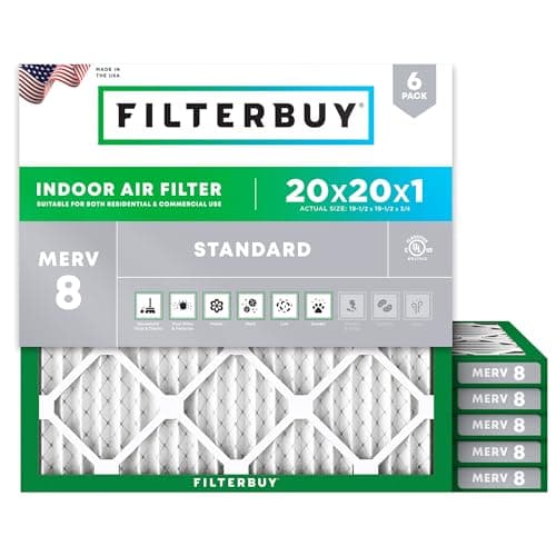 Filterbuy 20x20x1 Air Filter MERV 8 Essential Dust & Allergy Defense (6-Pack), Electrostatic Pleated HVAC AC Furnace Filters Replacement (Actual Size: 19.50 x 19.50 x 0.75)